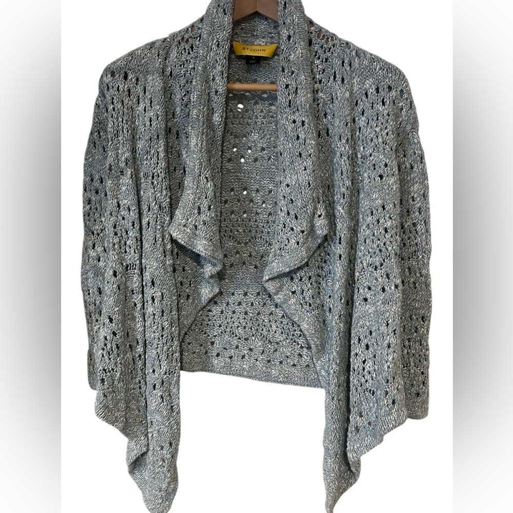 St John Open-Front Knit Sweater with Draped Waterfall Design in a pale blue
Sz P